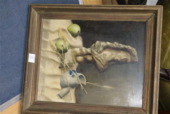 L. Goosens, oil on panel, still life of a bust and apples, signed, 49 x 38cm